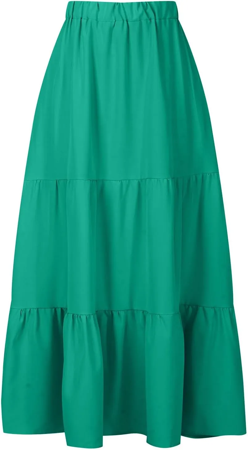 Women Ruffle Skirt Pleated Long Skirt High Elastic Waist Loose Fit Skirt Trendy Summer Cute Beach Vacation Skirt