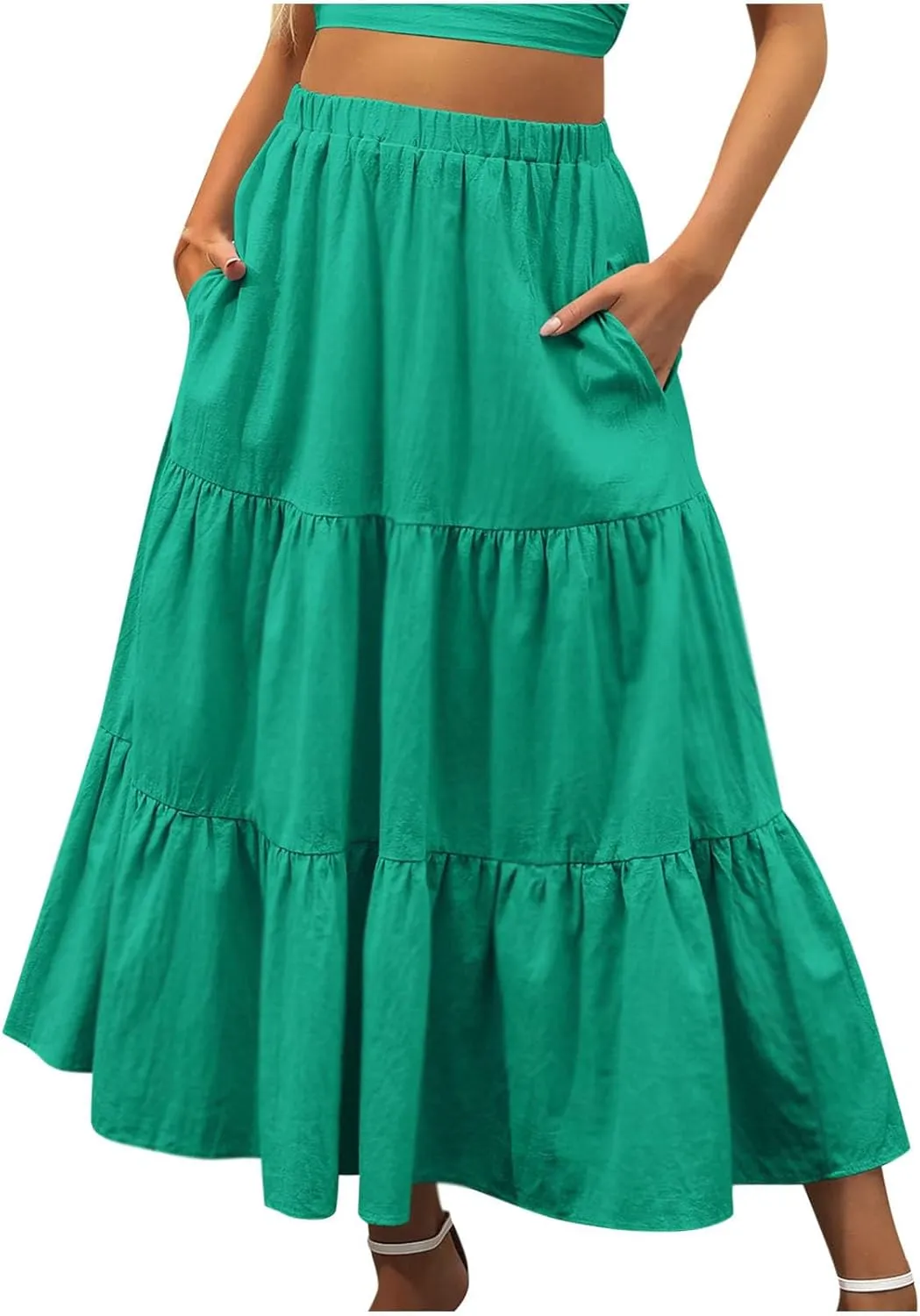 Women Ruffle Skirt Pleated Long Skirt High Elastic Waist Loose Fit Skirt Trendy Summer Cute Beach Vacation Skirt