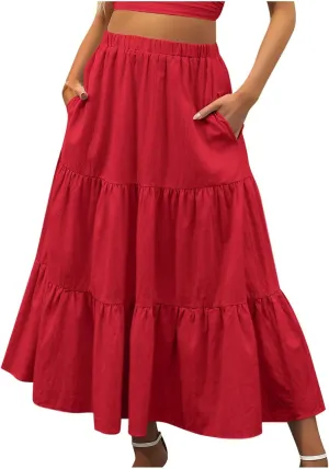 Women Ruffle Skirt Pleated Long Skirt High Elastic Waist Loose Fit Skirt Trendy Summer Cute Beach Vacation Skirt