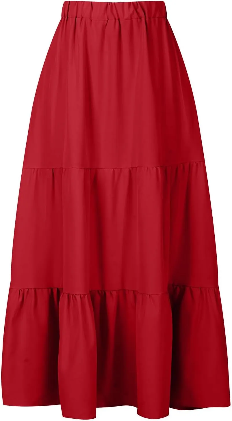 Women Ruffle Skirt Pleated Long Skirt High Elastic Waist Loose Fit Skirt Trendy Summer Cute Beach Vacation Skirt