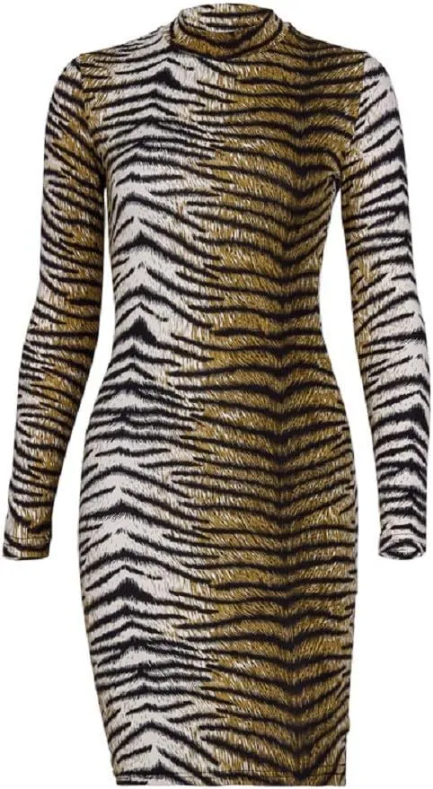 Women Sexy Long Sleeve Leopard Print Bodycon High Neck Long Midi Party Festival Clubwear
