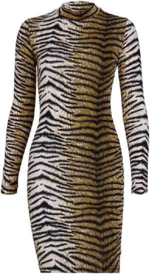 Women Sexy Long Sleeve Leopard Print Bodycon High Neck Long Midi Party Festival Clubwear