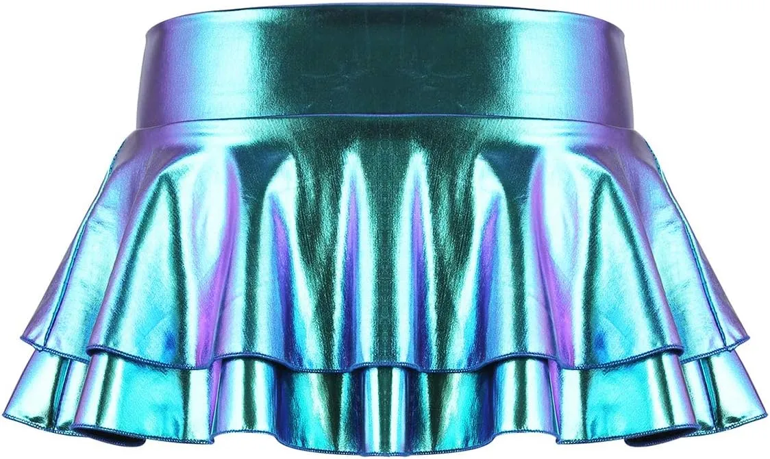 Women Sexy Metallic Pleated Double Layered Ruffle Mini Skirt Show Raves Festivals Costumes