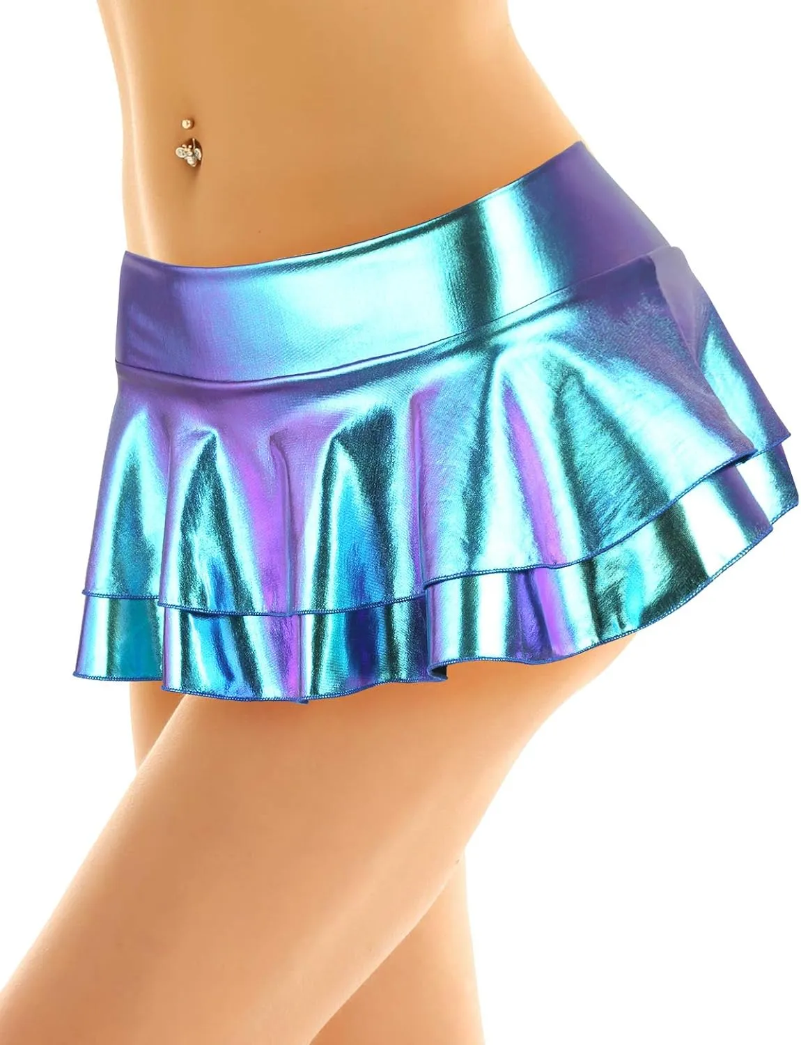 Women Sexy Metallic Pleated Double Layered Ruffle Mini Skirt Show Raves Festivals Costumes