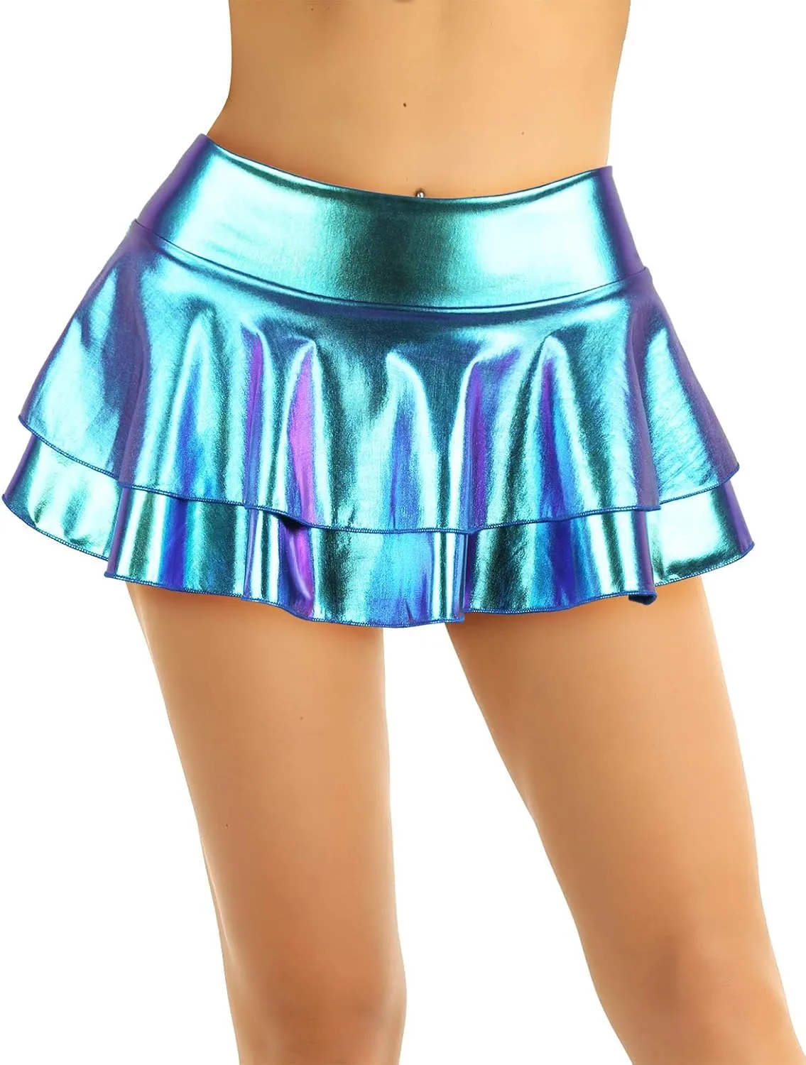 Women Sexy Metallic Pleated Double Layered Ruffle Mini Skirt Show Raves Festivals Costumes