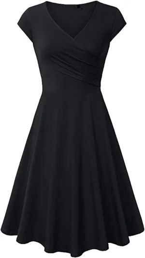 Women Short Retro Vintage Cocktail Dress Wrap V Neck Short Sleeve A Line Work Formal Wedding Guest Midi Dress