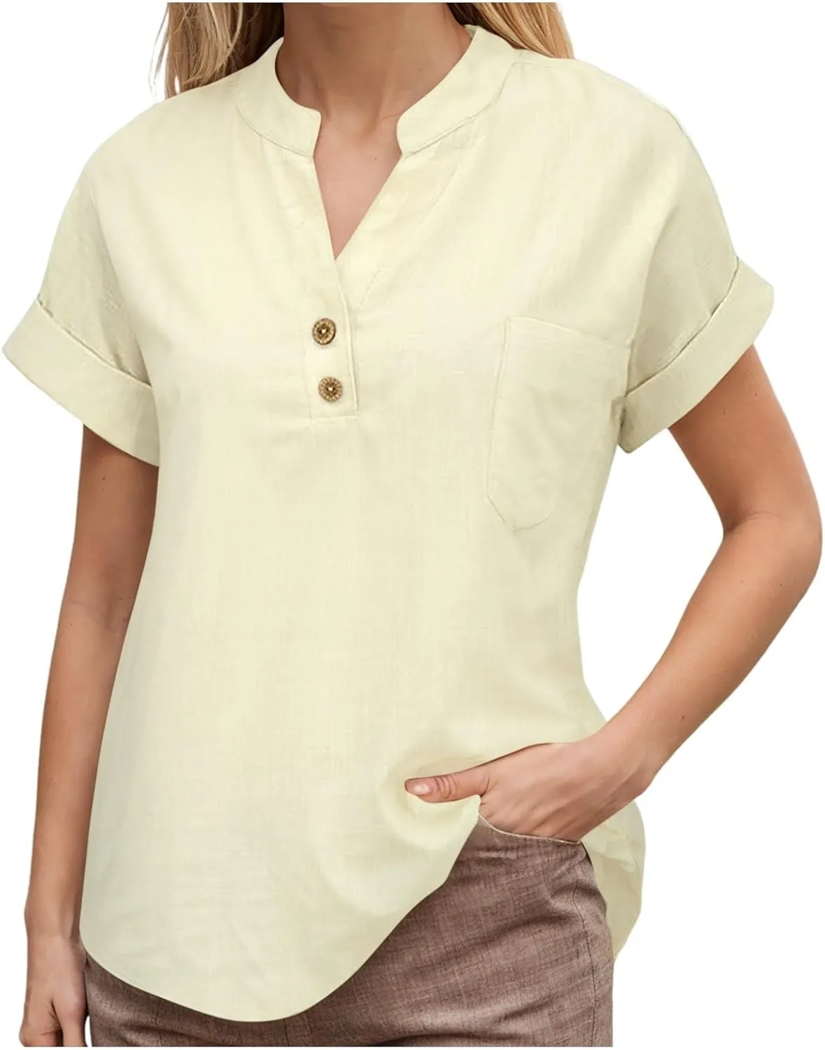 Women Short Sleeve Cotton Linen Shirt Casual V-Neck Oversized T-Shirt Floral Loose Fit Summer Tshirt