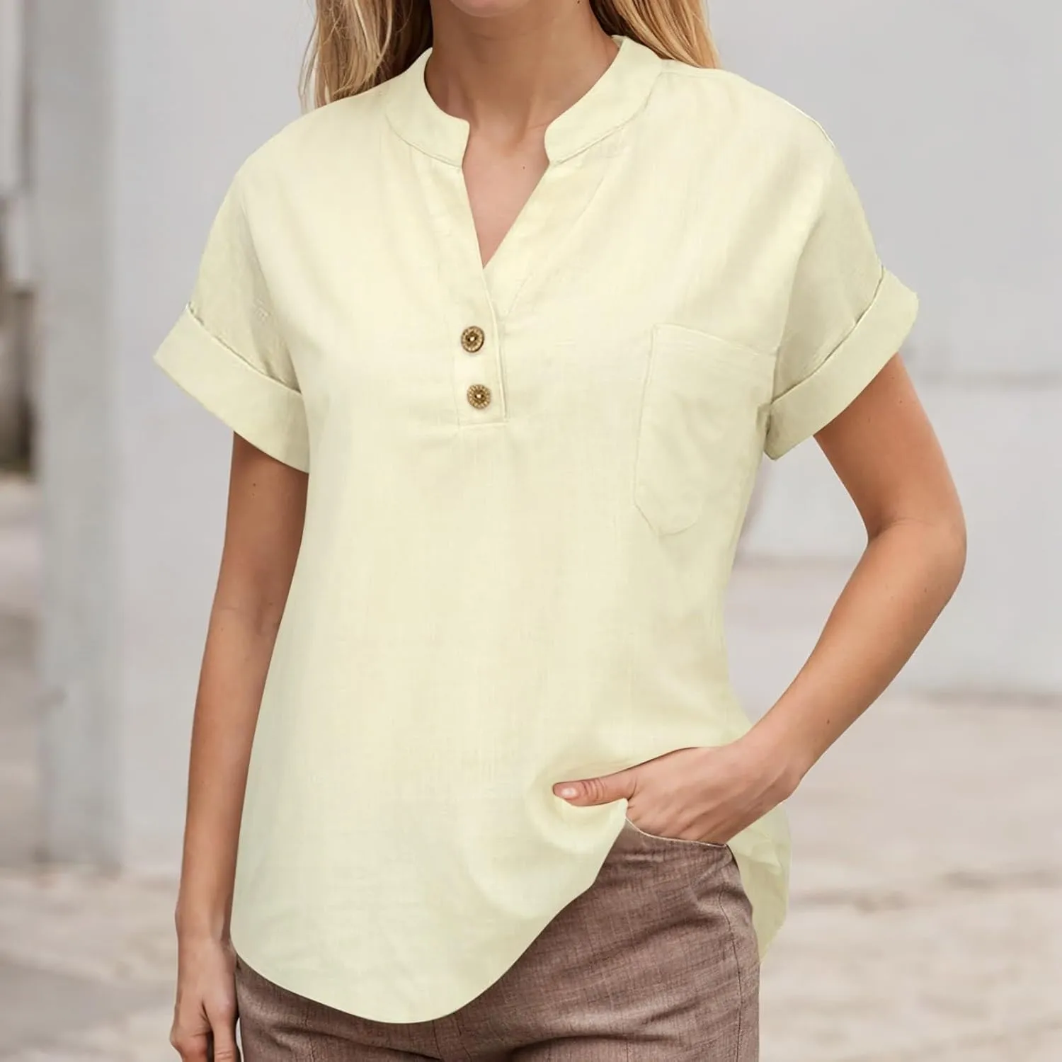 Women Short Sleeve Cotton Linen Shirt Casual V-Neck Oversized T-Shirt Floral Loose Fit Summer Tshirt