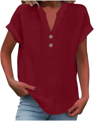 Women Short Sleeve Linen Shirt Casual Crewneck Soft T-Shirt Floral Loose Fit Summer Tee Shirts