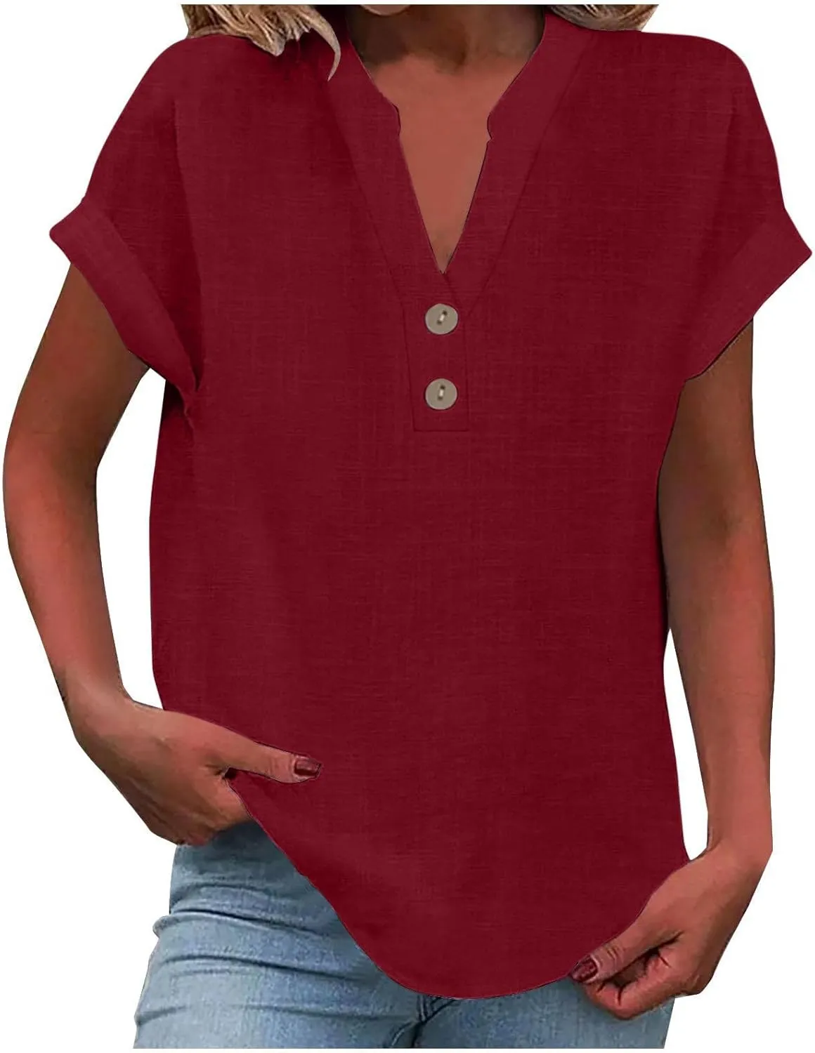 Women Short Sleeve Linen Shirt Casual Crewneck Soft T-Shirt Floral Loose Fit Summer Tee Shirts