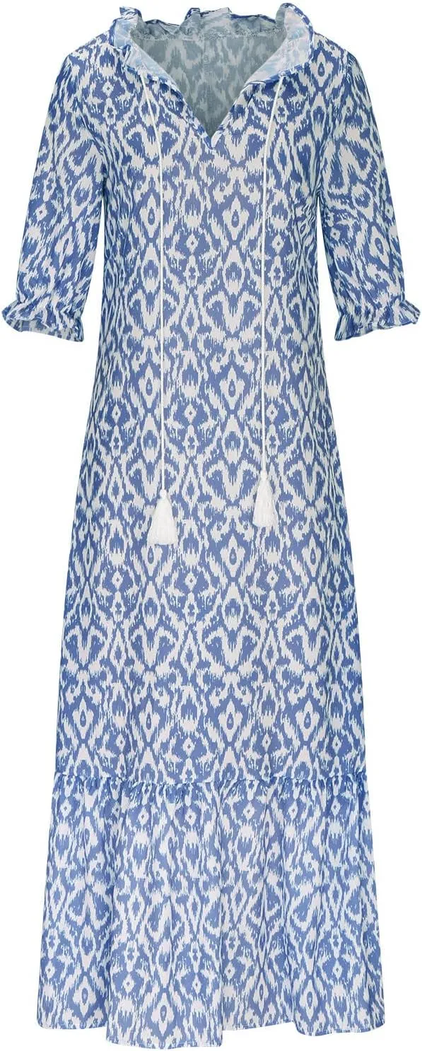 Women Summer Maxi Dress Puff Short Sleeve Floral Print Bohemian V Neck Flowy Party Beach Fall Long Dress Vocation Dress