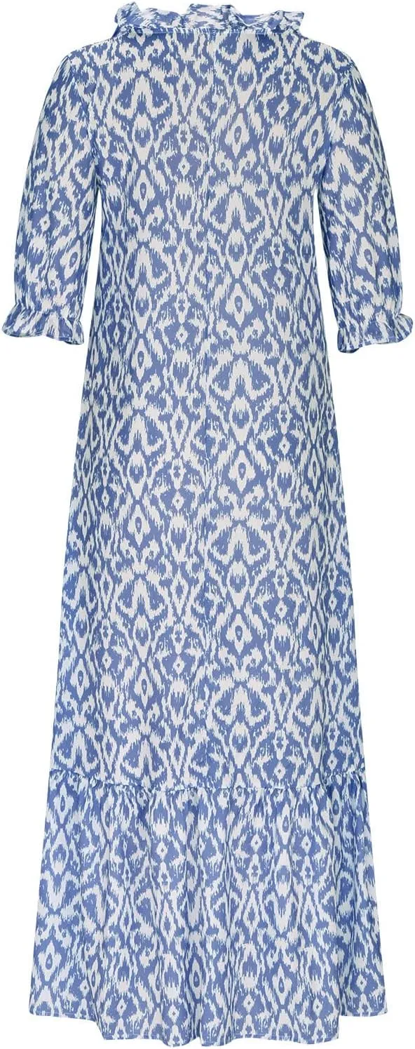 Women Summer Maxi Dress Puff Short Sleeve Floral Print Bohemian V Neck Flowy Party Beach Fall Long Dress Vocation Dress