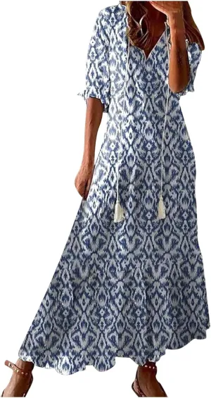Women Summer Maxi Dress Puff Short Sleeve Floral Print Bohemian V Neck Flowy Party Beach Fall Long Dress Vocation Dress