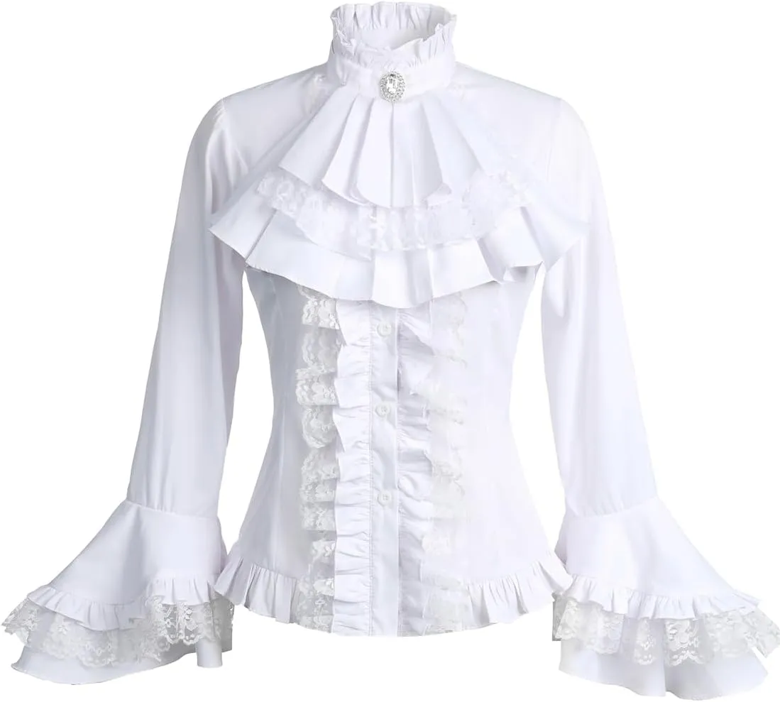Women Victorian Blouse Vintage Gothic Lolita Shirt Pirate Long Sleeve Lace Ruffles Renaissance Medieval Shirts