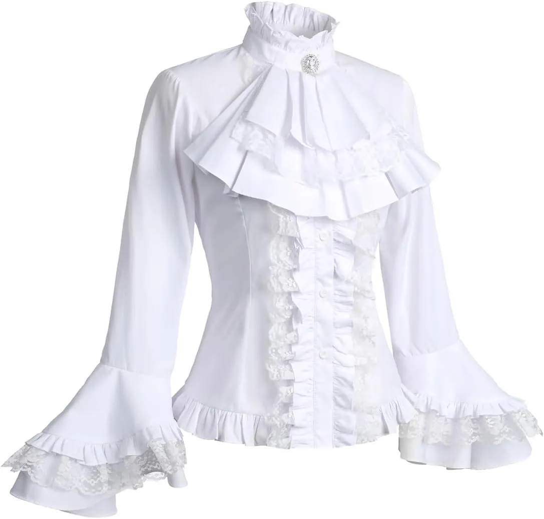 Women Victorian Blouse Vintage Gothic Lolita Shirt Pirate Long Sleeve Lace Ruffles Renaissance Medieval Shirts