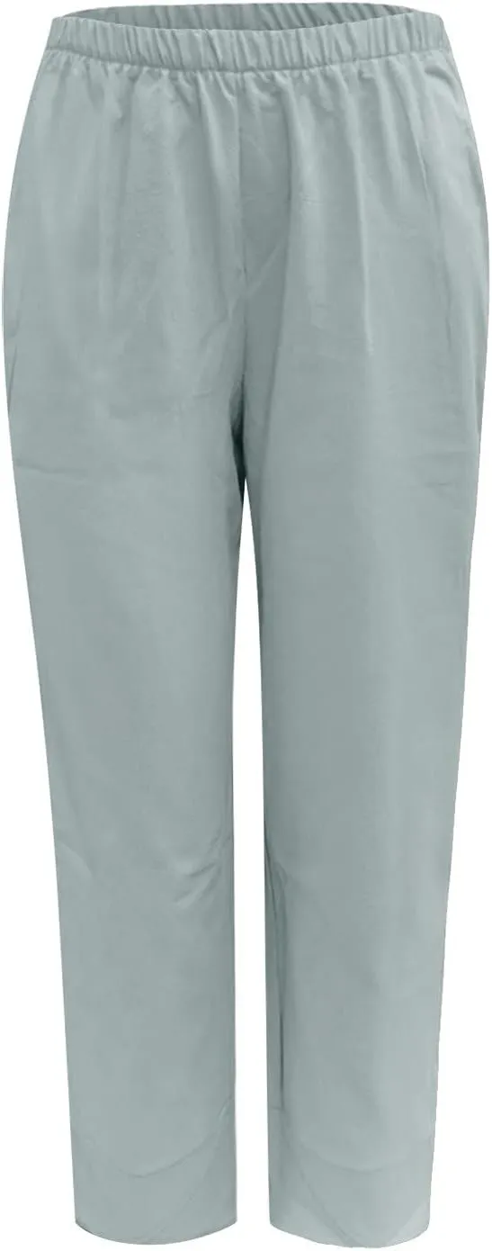 Women Wide Leg Linen Pants Dressy Casual Elastic High Waist Palazzo Pant Comfy Solid Trousers with Pocket