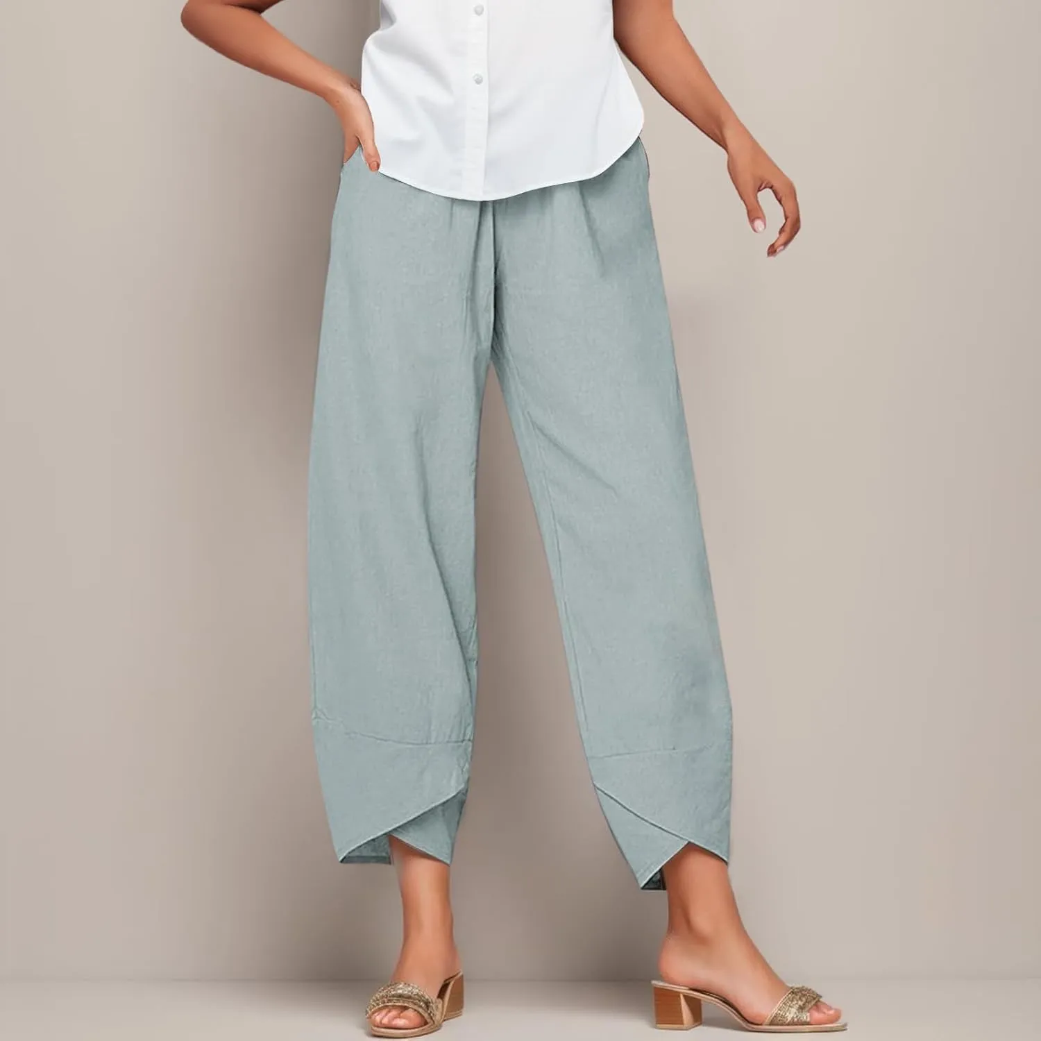 Women Wide Leg Linen Pants Dressy Casual Elastic High Waist Palazzo Pant Comfy Solid Trousers with Pocket