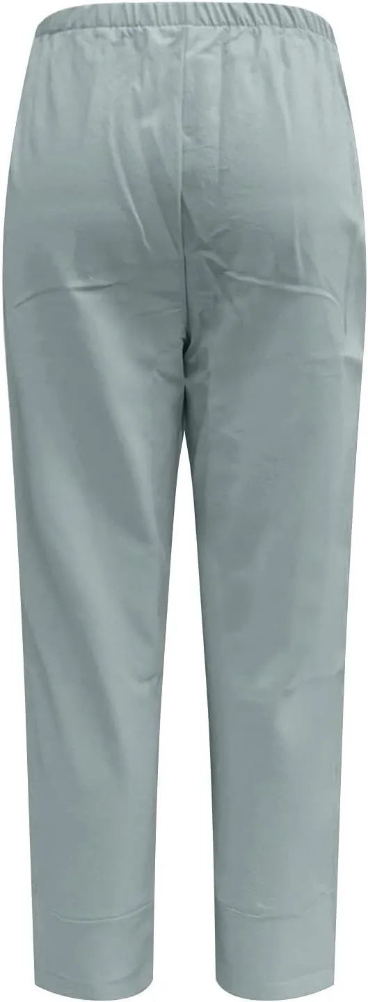 Women Wide Leg Linen Pants Dressy Casual Elastic High Waist Palazzo Pant Comfy Solid Trousers with Pocket