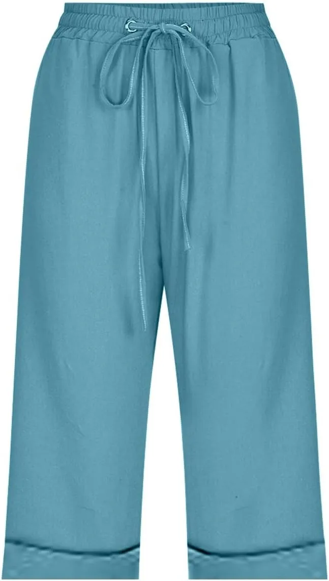 Women Wide Leg Linen Pants Summer High Waisted Palazzo Pants Drawstring Loose Fit Flowy Trousers with Pockets