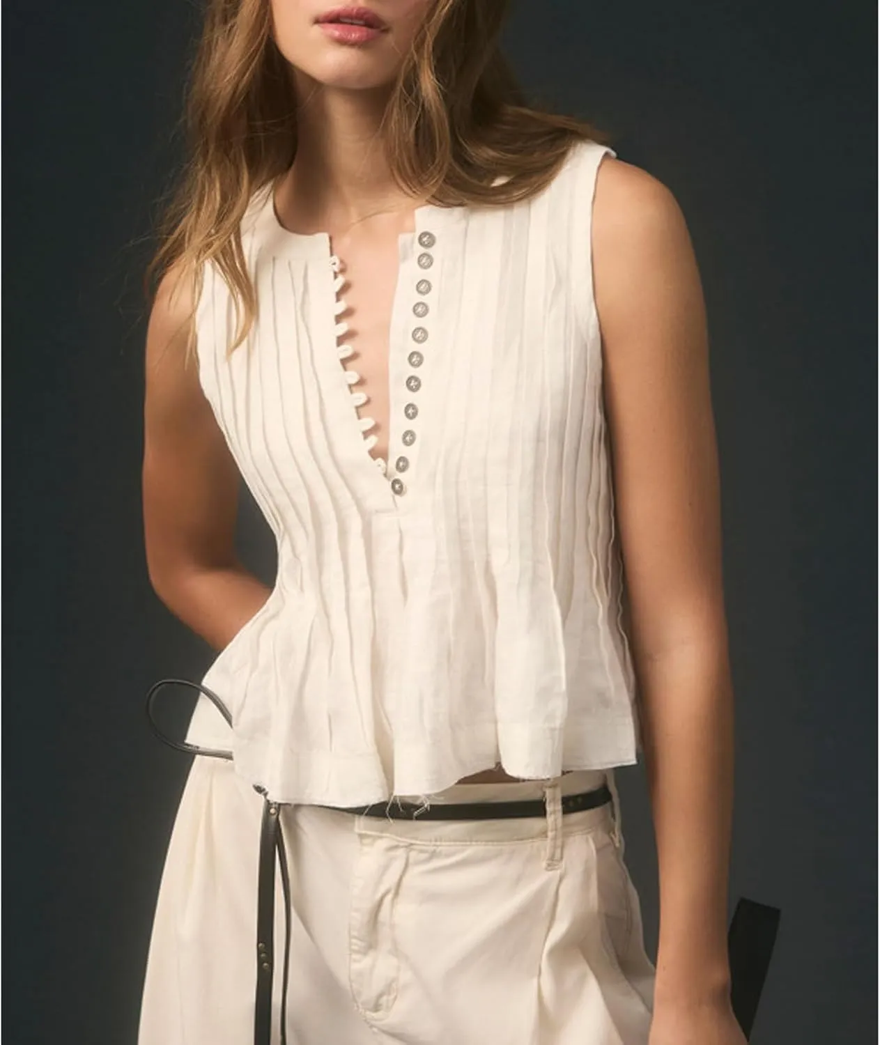 Women Y2K Babydoll Ruffle Tank Top Linen Front Button Pleated Peplum Vest Flowy Coquette Cropped Shirt Cute Blouse Summer
