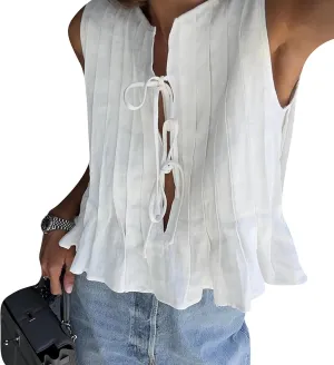 Women Y2K Babydoll Ruffle Tank Top Linen Front Button Pleated Peplum Vest Flowy Coquette Cropped Shirt Cute Blouse Summer