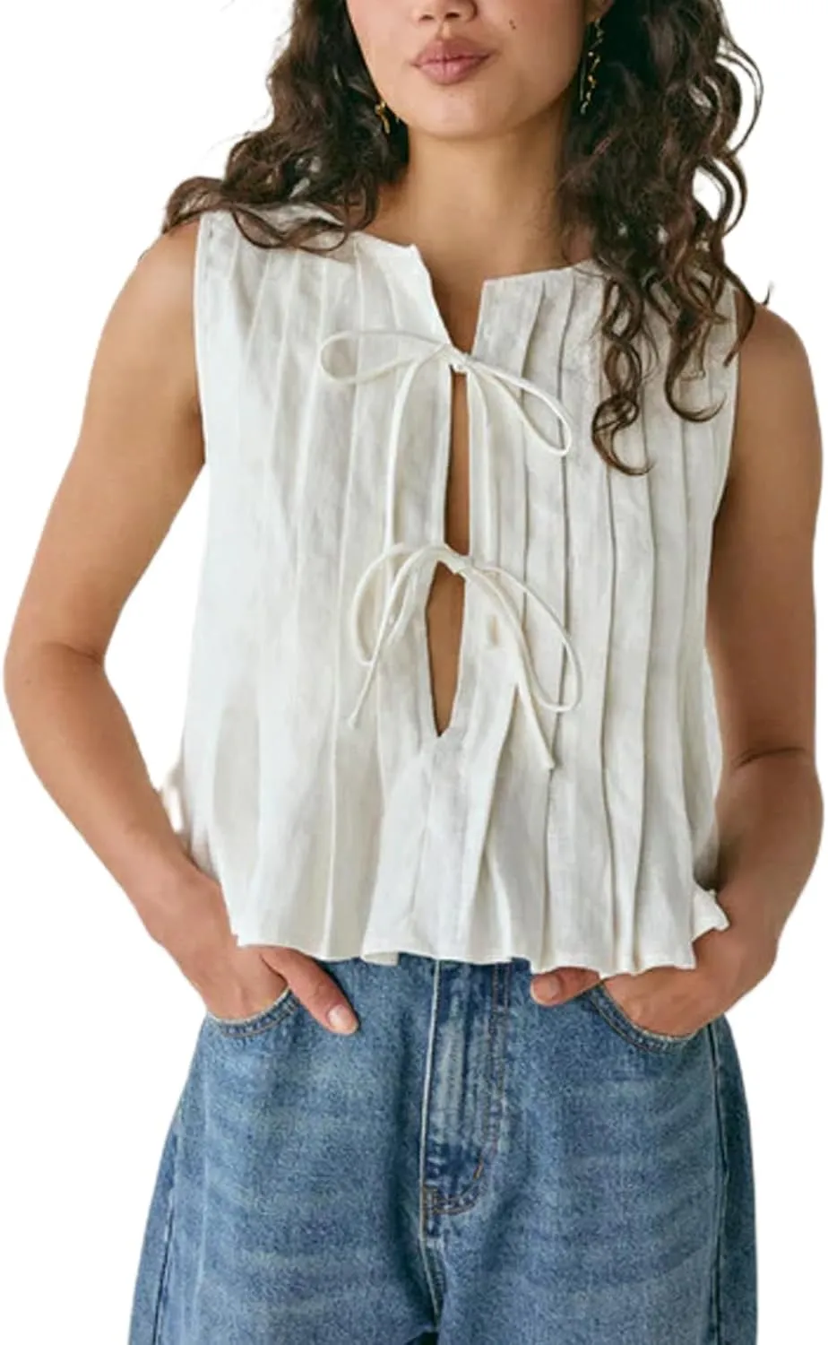 Women Y2K Babydoll Ruffle Tank Top Linen Front Button Pleated Peplum Vest Flowy Coquette Cropped Shirt Cute Blouse Summer