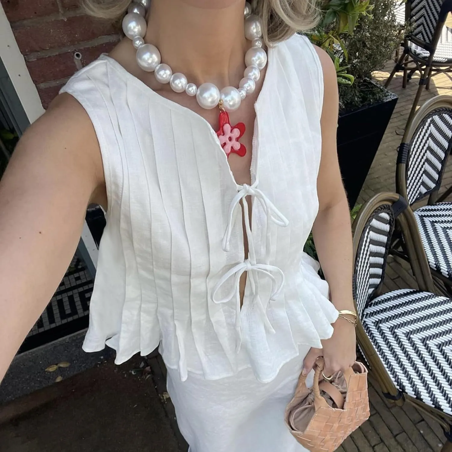 Women Y2K Babydoll Ruffle Tank Top Linen Front Button Pleated Peplum Vest Flowy Coquette Cropped Shirt Cute Blouse Summer