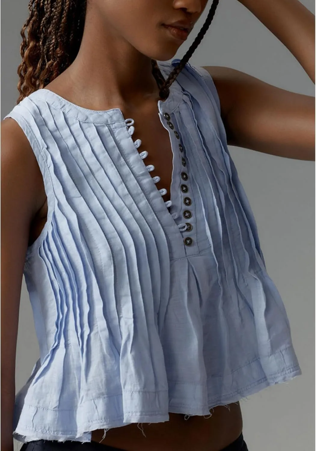 Women Y2K Babydoll Ruffle Tank Top Linen Front Button Pleated Peplum Vest Flowy Coquette Cropped Shirt Cute Blouse Summer