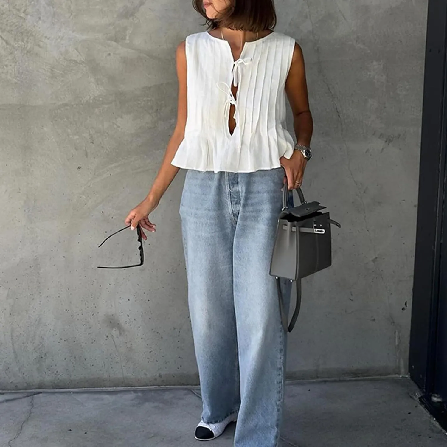 Women Y2K Babydoll Ruffle Tank Top Linen Front Button Pleated Peplum Vest Flowy Coquette Cropped Shirt Cute Blouse Summer