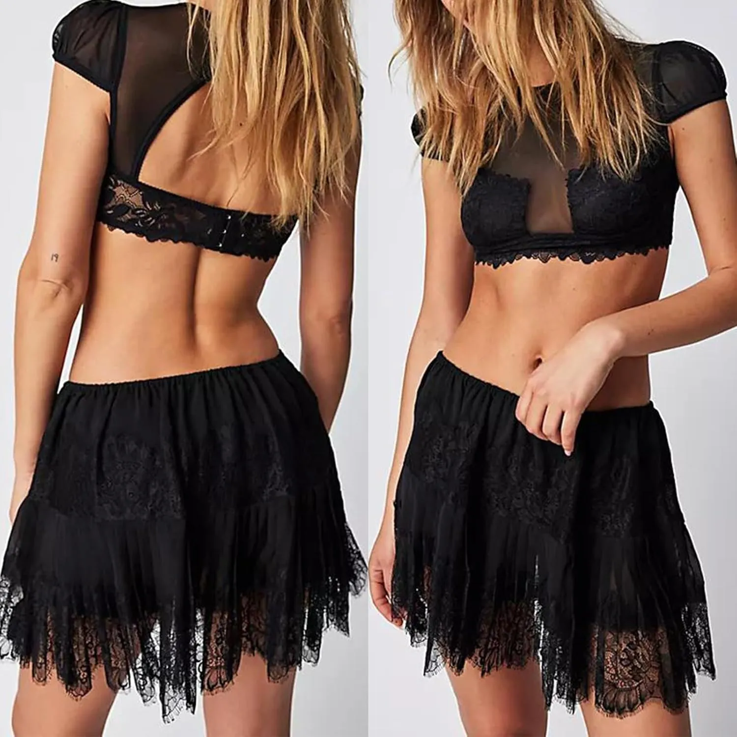 Women Y2k Lace Mini Skirts Mesh Lace Pleated Ruffle Half Slips Short Skirts Tiered Low Rise Flowy Skirt Underskirt
