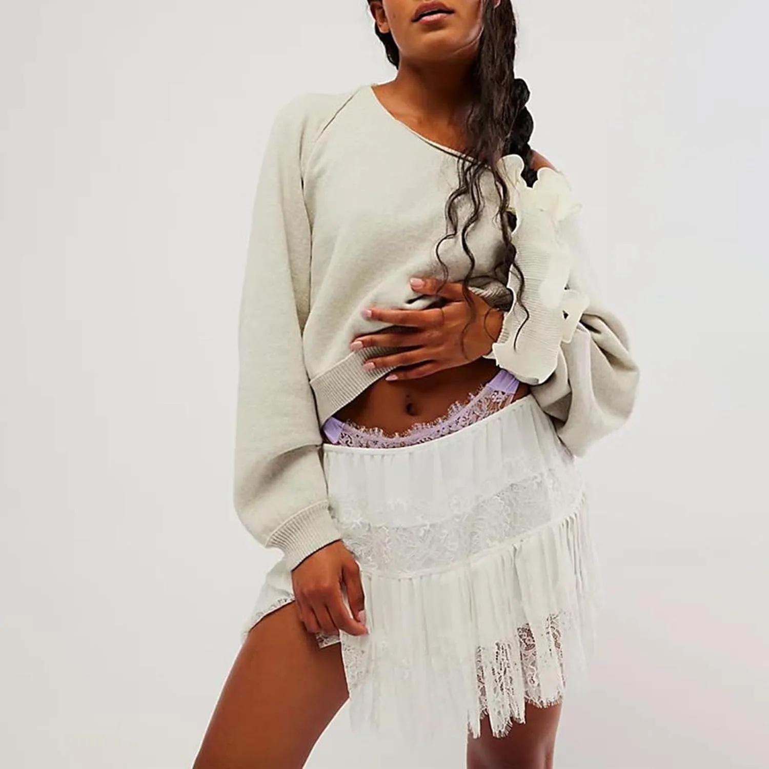 Women Y2k Lace Mini Skirts Mesh Lace Pleated Ruffle Half Slips Short Skirts Tiered Low Rise Flowy Skirt Underskirt