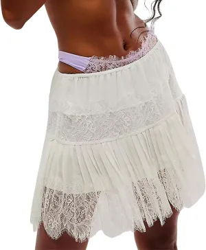 Women Y2k Lace Mini Skirts Mesh Lace Pleated Ruffle Half Slips Short Skirts Tiered Low Rise Flowy Skirt Underskirt