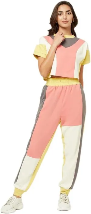 Women's 2 Piece Outfit Tracksuit Set, Round Neck Half Sleeve Crop Top Jogger Track Pant Party Wear Set