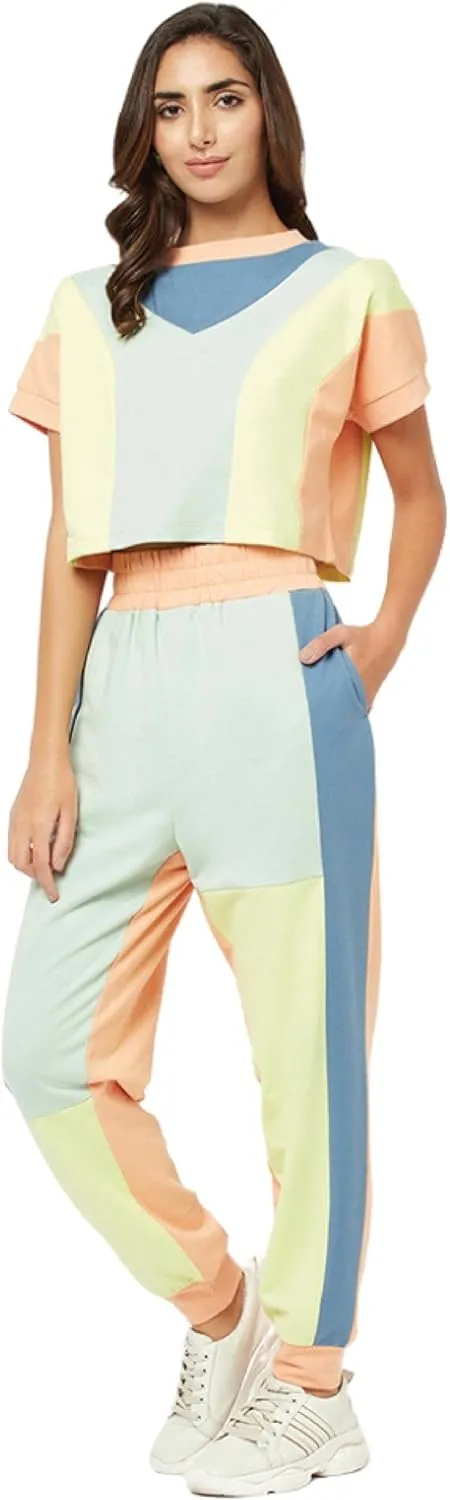 Women's 2 Piece Outfit Tracksuit Set, Round Neck Half Sleeve Crop Top Jogger Track Pant Party Wear Set