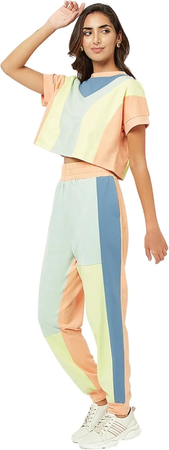 Women's 2 Piece Outfit Tracksuit Set, Round Neck Half Sleeve Crop Top Jogger Track Pant Party Wear Set