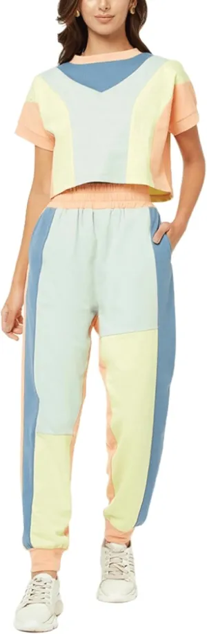 Women's 2 Piece Outfit Tracksuit Set, Round Neck Half Sleeve Crop Top Jogger Track Pant Party Wear Set