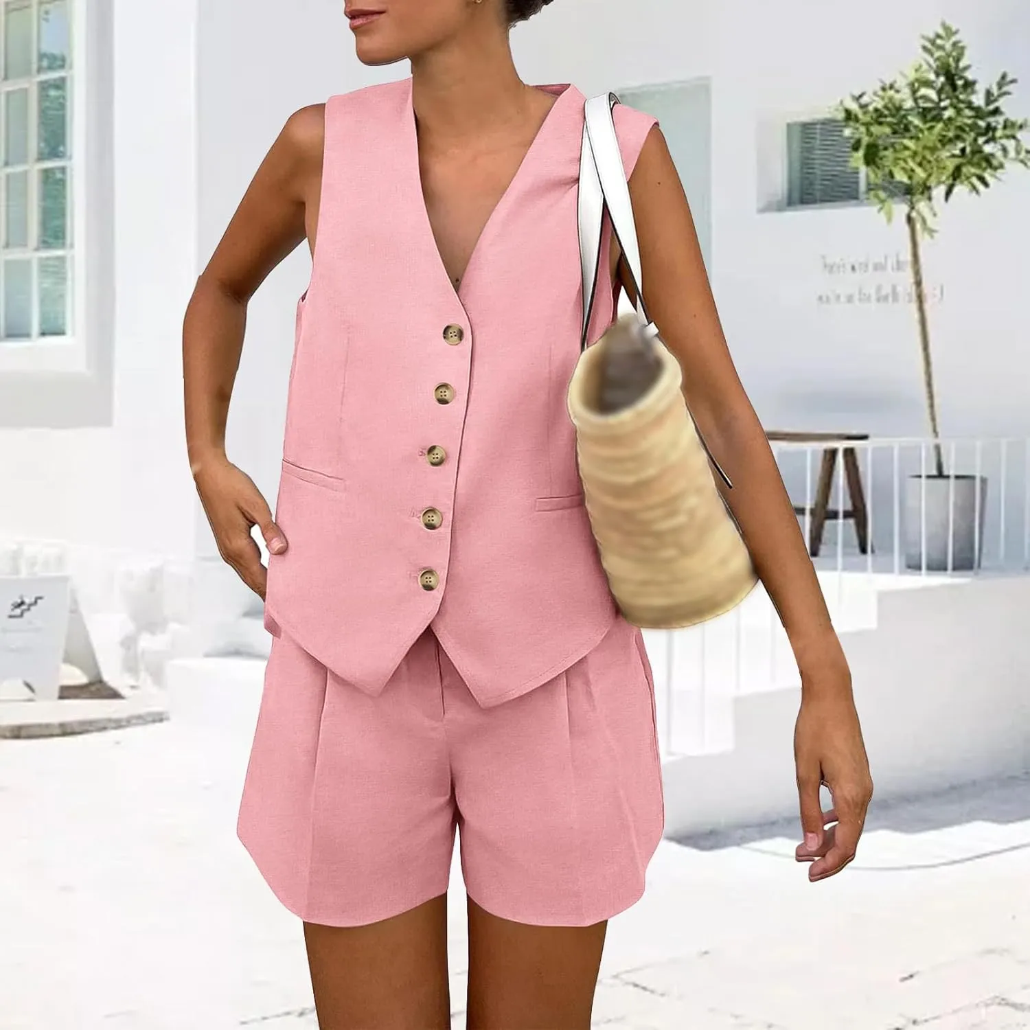 Women's Blazer 2 Piece Outfits Sleeveless V Neck Suit Vest Tops High Waist Shorts Business Work Matching Set Outfit