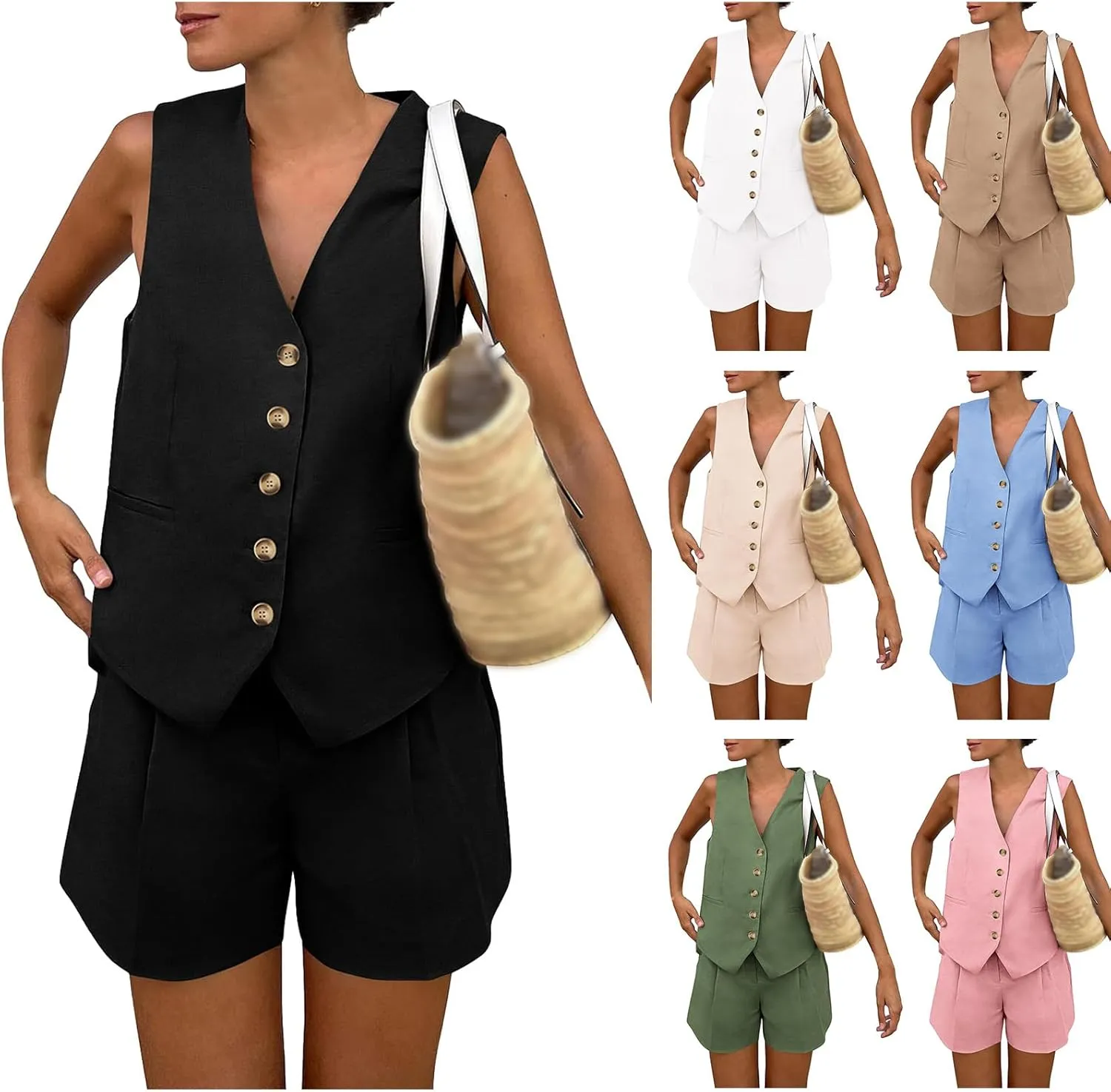 Women's Blazer 2 Piece Outfits Sleeveless V Neck Suit Vest Tops High Waist Shorts Business Work Matching Set Outfit