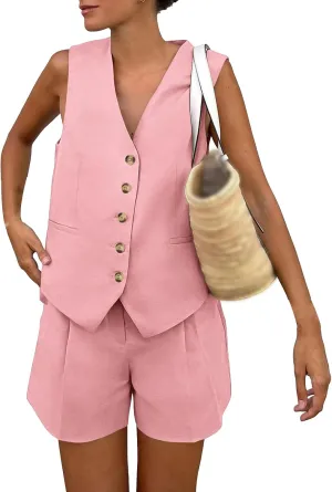 Women's Blazer 2 Piece Outfits Sleeveless V Neck Suit Vest Tops High Waist Shorts Business Work Matching Set Outfit