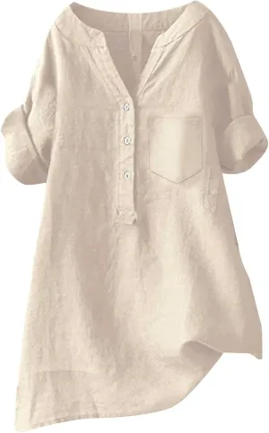 Women's Bohemian Boho Linen Short Sleeve T Shirt Summer Basic Casual Oversized Blouses Crewneck Loose Tshirts