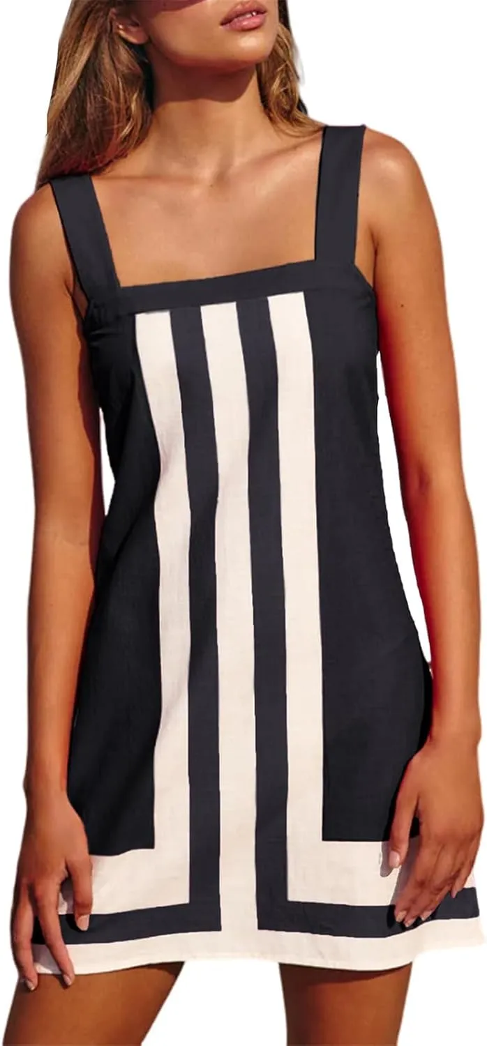 Womens Boho Mini Dress Summer Floral Square Neck Strap Sleeveless Dresses Casual Color Block Vacation Short Sundress