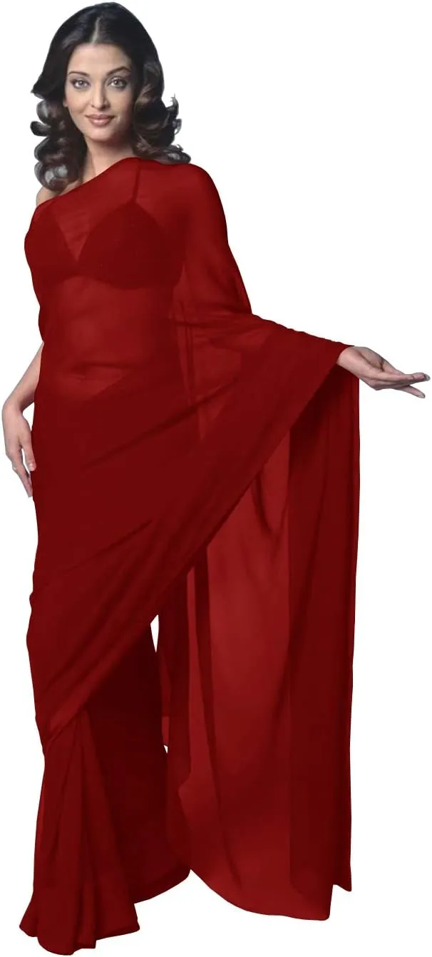 Women's Bollywood Chiffon Plain Sari Festival Uniform Saree Wrap Fabric Unstitched Blouse Piece Party Wear