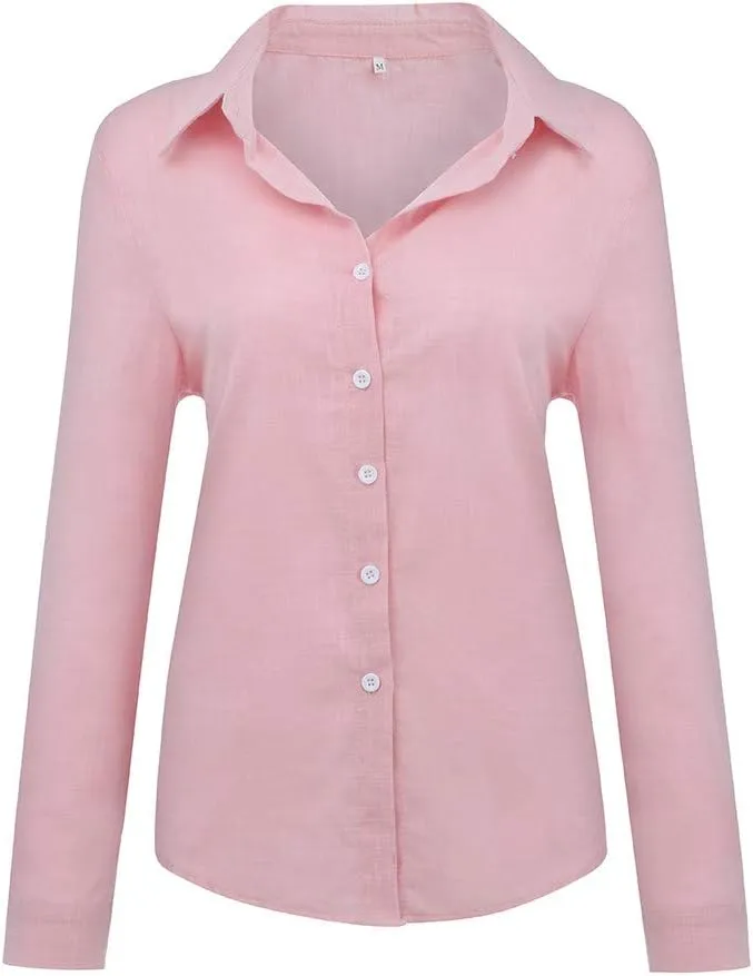 Women's Button Down Shirts Plain Long Sleeve Cotton Linen Summer Casual Business Blouse Top Loose Fit T Shirts