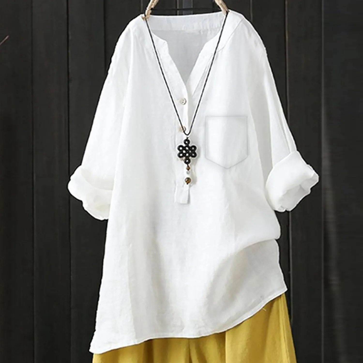 Womens Button Down Shirts Plain Solid Long Sleeve Linen Summer Casual Business Work Blouse Top Loose Fit Top