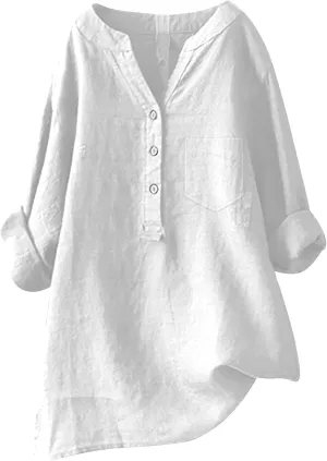 Womens Button Down Shirts Plain Solid Long Sleeve Linen Summer Casual Business Work Blouse Top Loose Fit Top