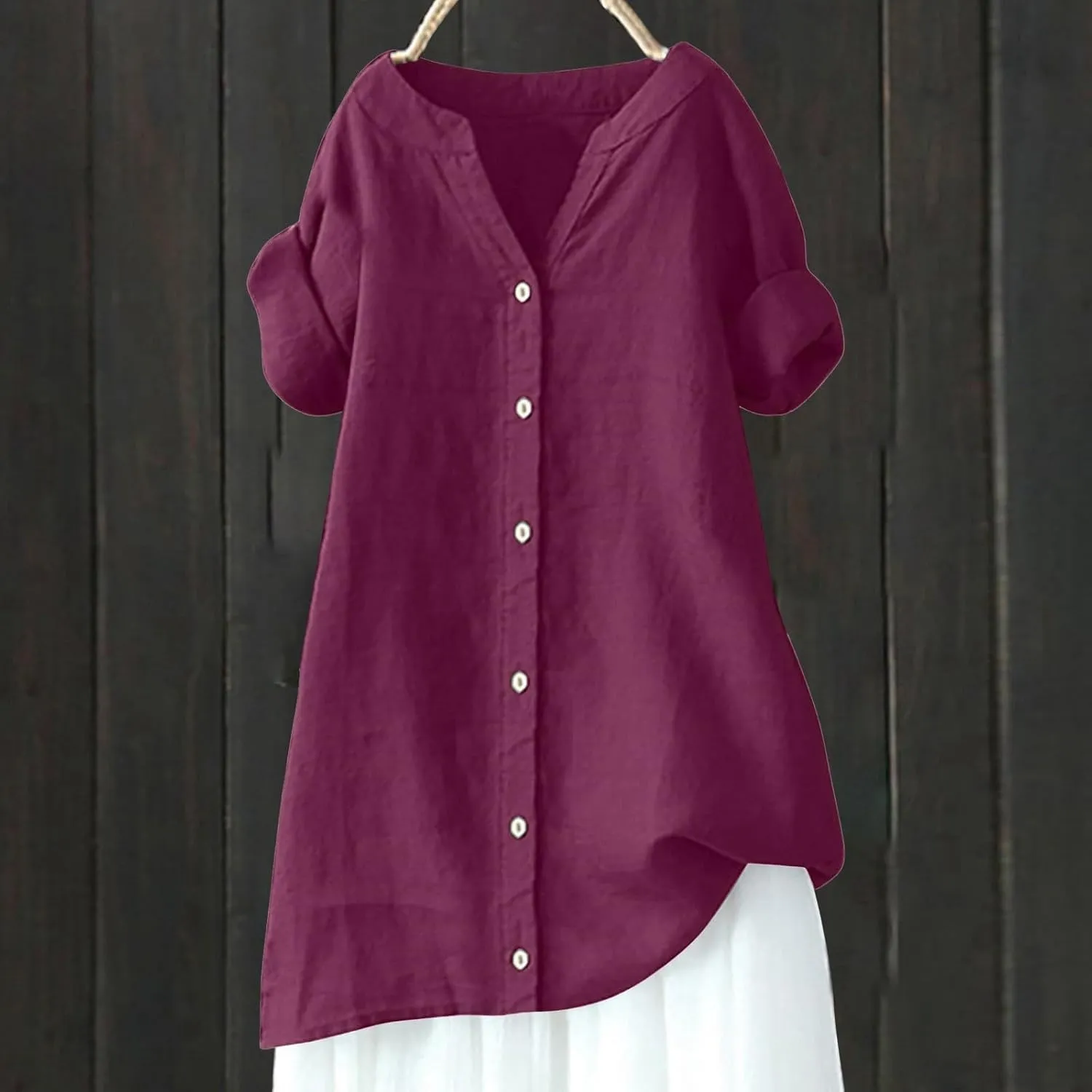 Womens Button Shirts Linen 3/4 Length Sleeve V Neck Oversized Shirt Casual Loose Plain Blouses Tunic Top