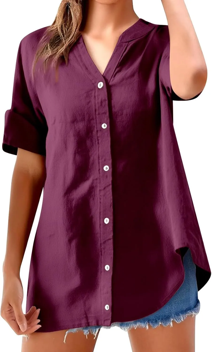 Womens Button Shirts Linen 3/4 Length Sleeve V Neck Oversized Shirt Casual Loose Plain Blouses Tunic Top