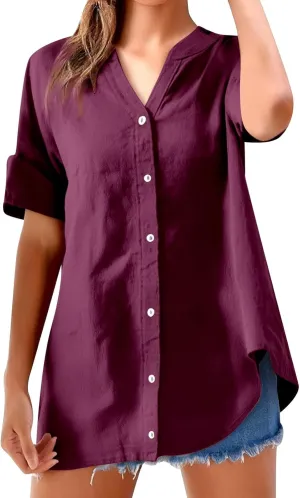 Womens Button Shirts Linen 3/4 Length Sleeve V Neck Oversized Shirt Casual Loose Plain Blouses Tunic Top
