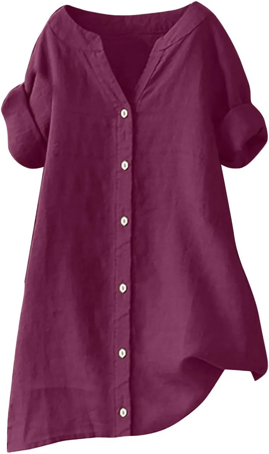 Womens Button Shirts Linen 3/4 Length Sleeve V Neck Oversized Shirt Casual Loose Plain Blouses Tunic Top