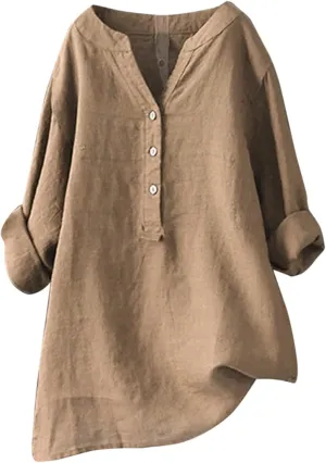 Womens Button Up Shirt Plain Short Sleeve Cotton Linen Summer Casual Trendy Blouses Top Loose Fit Tee Shirt